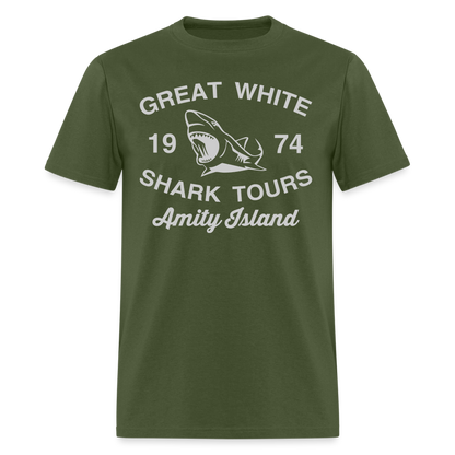 Amity Island Movie Shirt | Great White Shark Tours - military green